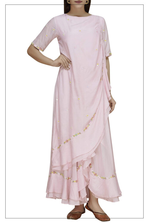 Pink Draped Dress With Embroidery