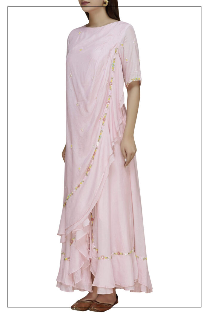 Pink Draped Dress With Embroidery