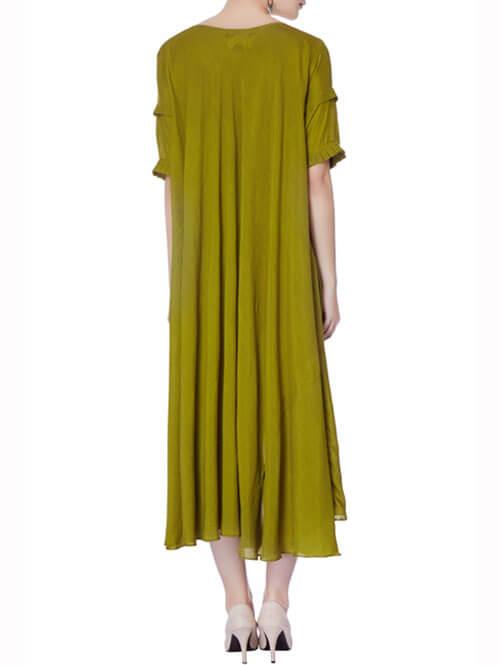 Olive Green Asymmetric Zardozi Dress
