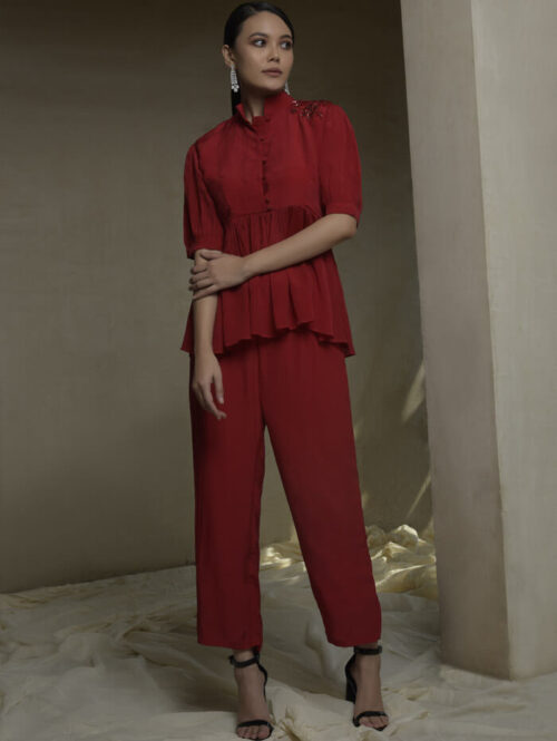 Red embroidered top and pant set