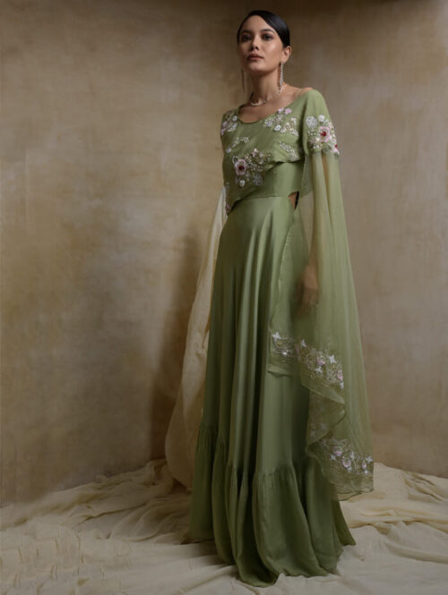 Gown with embroidered cape