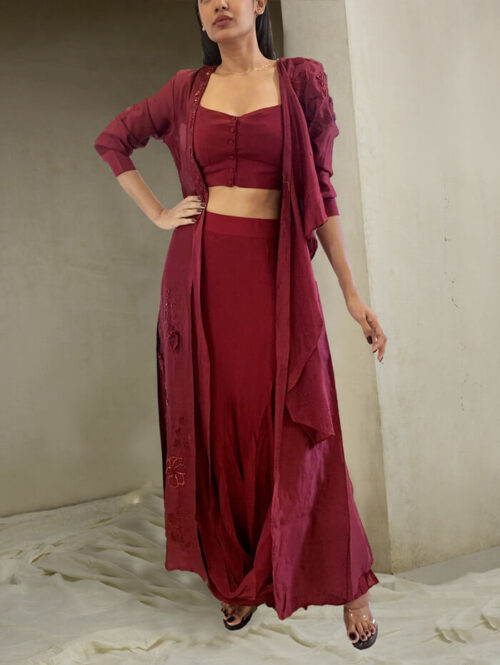 Red wine draped skirt jacket set