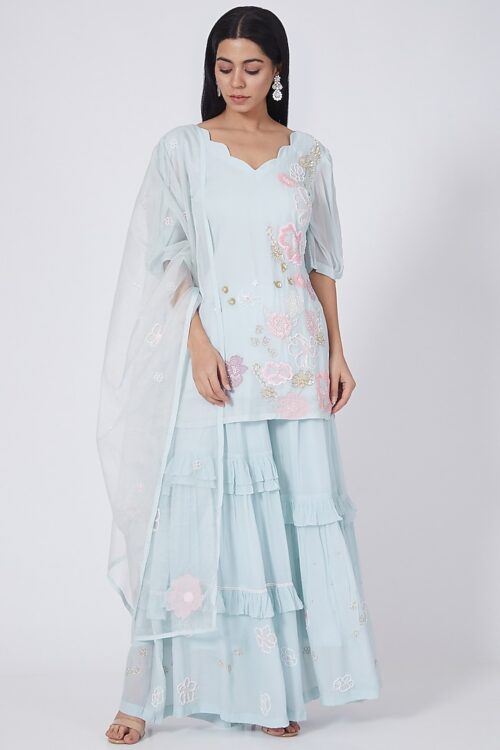 Powder blue embroidered kurta and sharara set