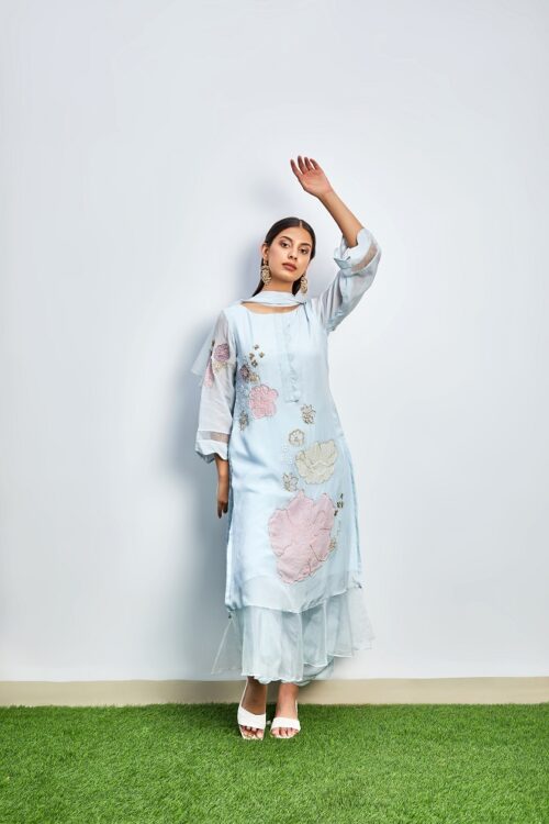 Powder blue embroidered ruffle kurta set