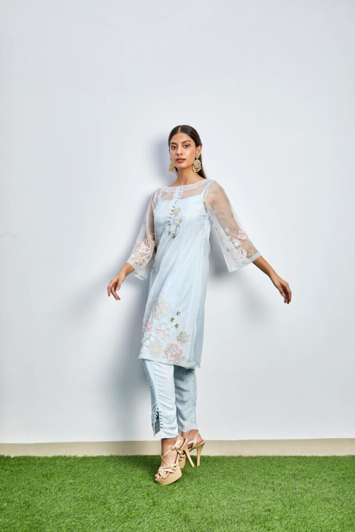 Powder blue embroidered sheer kurta set - Image 4