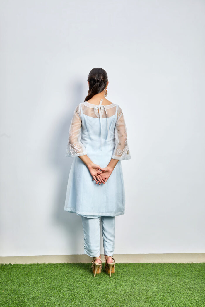Powder blue embroidered sheer kurta set - Image 3