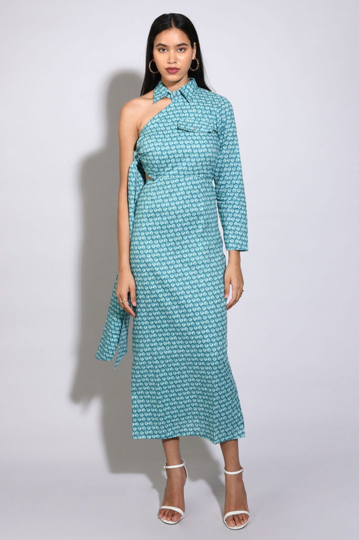 AQUA FLORAL PRINTED ONE SHOULDER DRESS