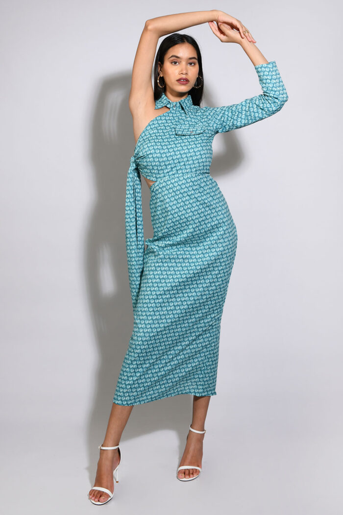 AQUA FLORAL PRINTED ONE SHOULDER DRESS - Image 2