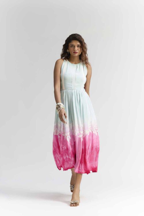 MINT PINK PLEATED OMBRE SILK MIDI EMBROIDERED DRESS