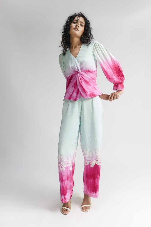 MINT PINK PLEATED OMBRE SILK EMBROIDERED COORD SET