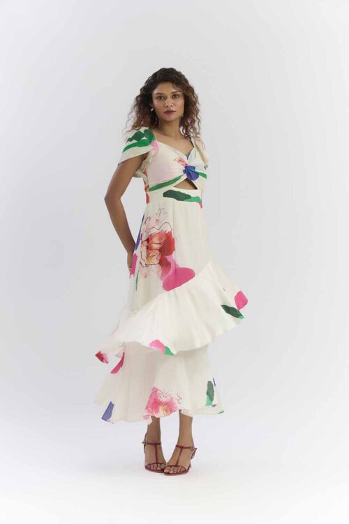 COLOUR SPLASH BLOSSOM PRINT RUFFLE DRESS