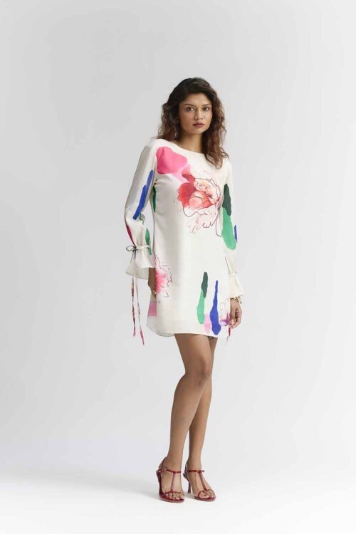 COLOUR SPLASH BLOSSON PRINTED SHORT DRESS
