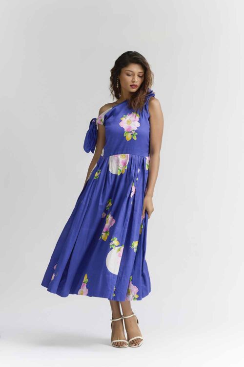 Ellectric Blue Floral Printed Diza Midi Dress