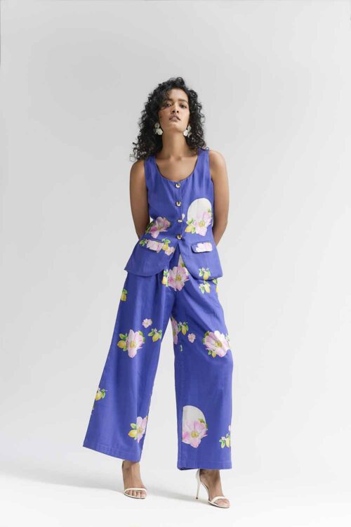 Ellectric blue Floral Printed Diza Waist-Coat and Pant Set