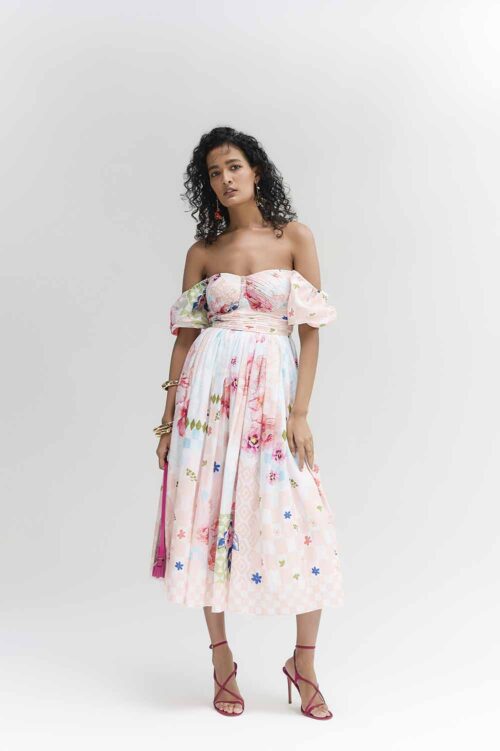 MULTI COLOUR ROSE LYLA FLORAL PRINTED RUSHED MIDI DRESS