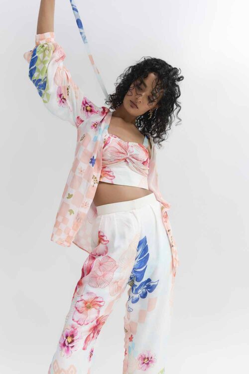 MULTI COLOURED SILK ABSTRACT FLORAL PRINTED BUSTIER TOP