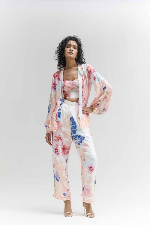 MULTI COLOURED SILK ABSTRACT FLORAL PRINTED COORD SET