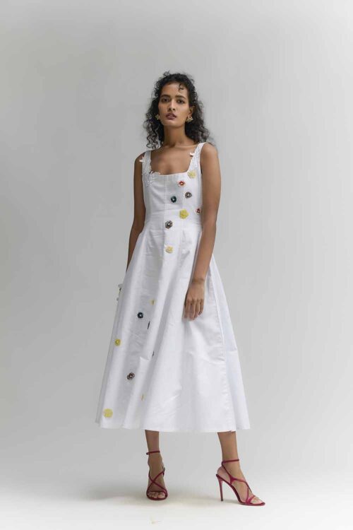 WHITE LYLA TWILL COTTON EMBROIDERED MIDI DRESS