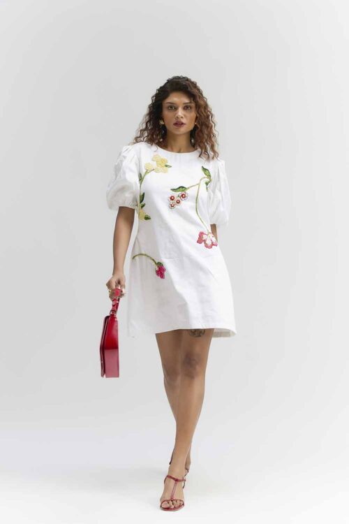 WHITE ROMA EMBROIDERED COTTON SHORT DRESS