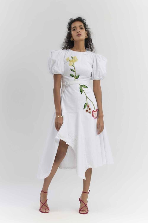 WHITE TWILL COTTON EMBROIDERED MIDI DRESS