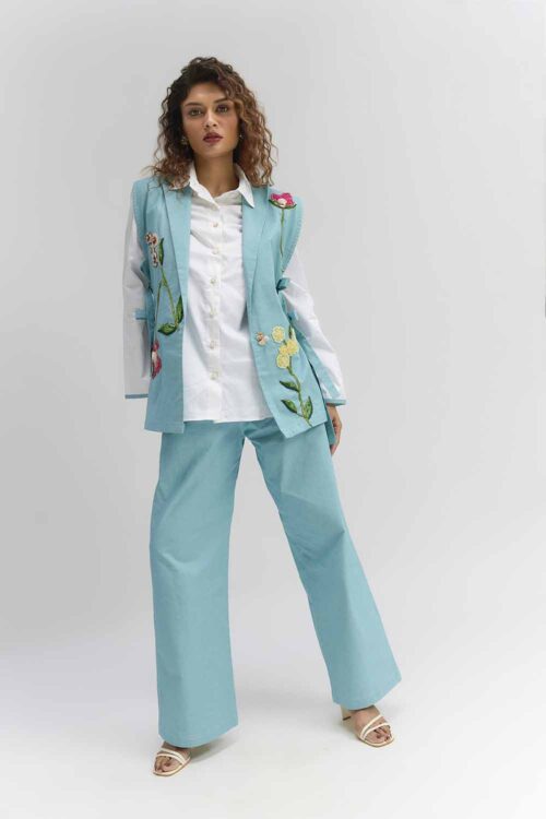 AQUA BLUE DENIM OPEN JACKET 3 PIECE SET