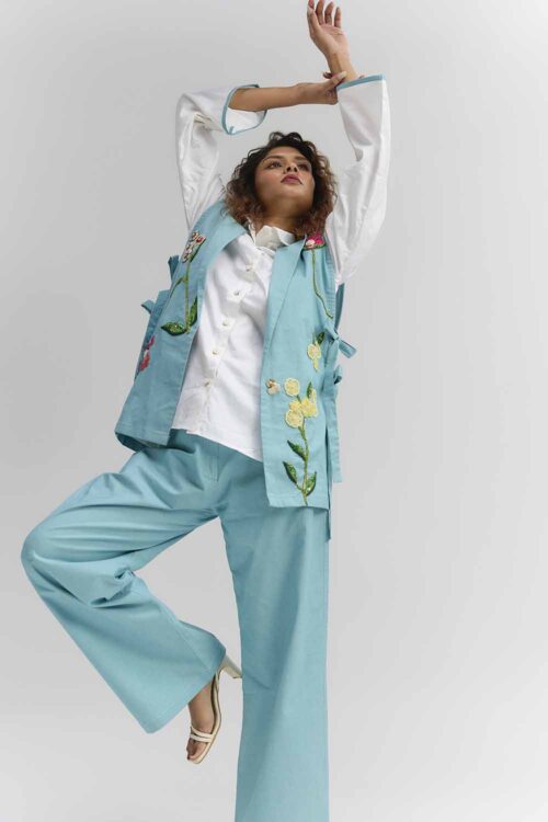 AQUA BLUE DENIM EMBROIDERED OPEN JACKET