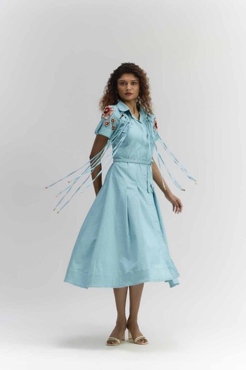 AQUA BLUE COTTON DENIM BUTTON-UP DRESS