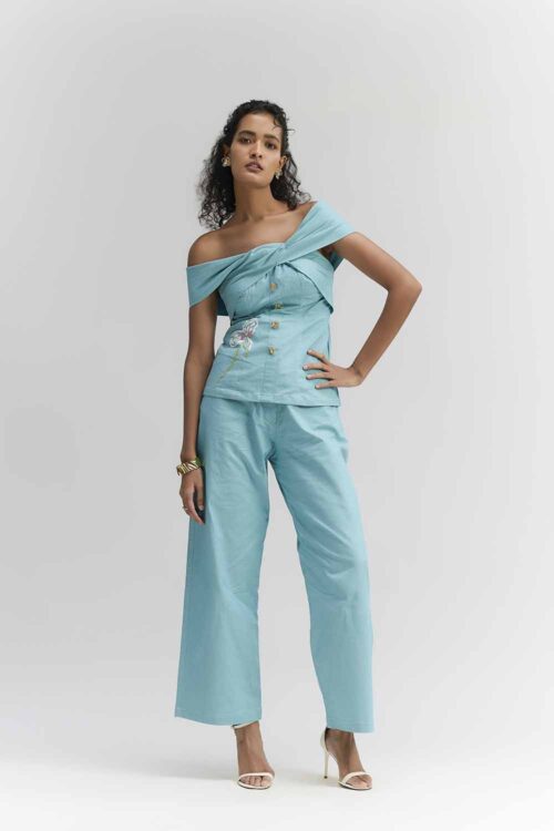 AQUA BLUE DENIM STRAIGHT FIT PANTS