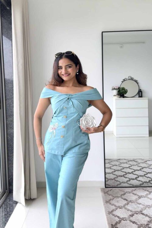 AQUA BLUE DENIM OFF-SHOULDER TOP