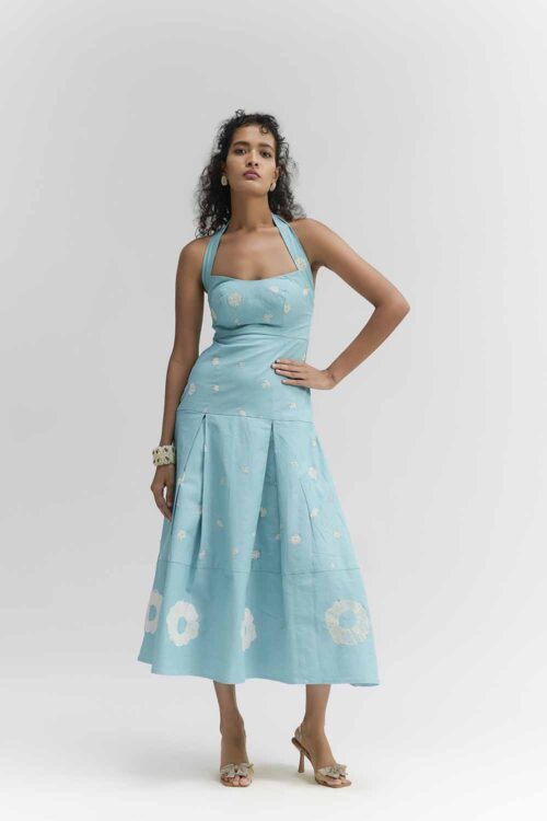 AQUA BLUE COTTON DENIM HALTER NECK DRESS