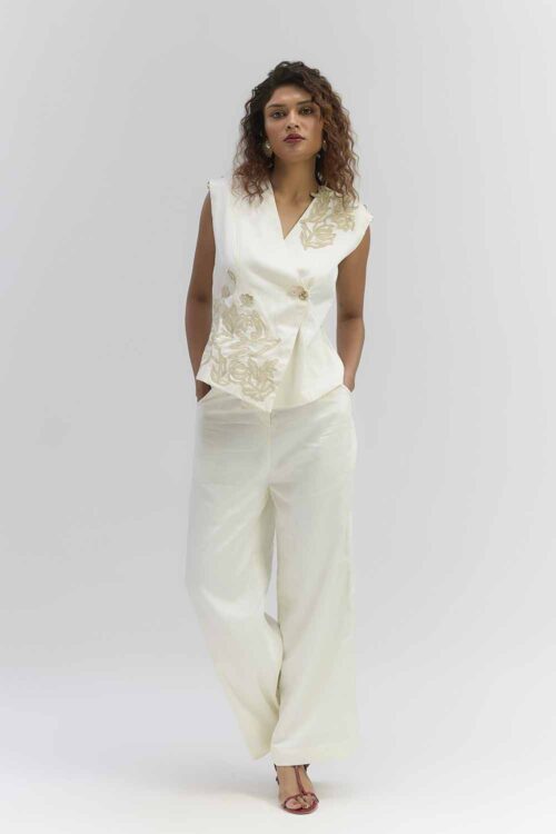 Pearl White, Twill Floral Applique Work Waist Coat & Pant