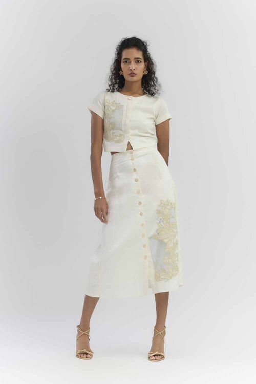 Pearl White , Twill Applique Work Top and Skirt Set