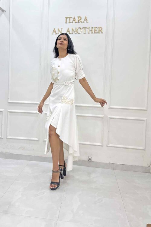 Pearl White Twill Floral Applique EMBROIDERED MIDI DRESS