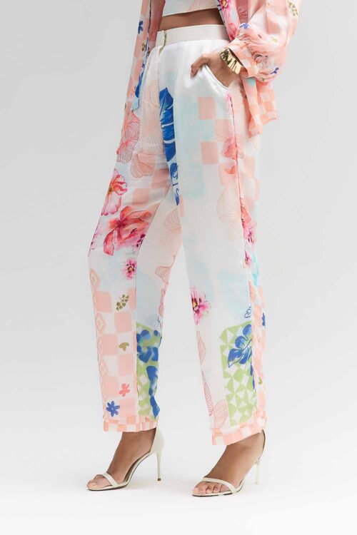 MULTI COLOURED SILK ABSTRACT FLORAL PRINTED  PANTS