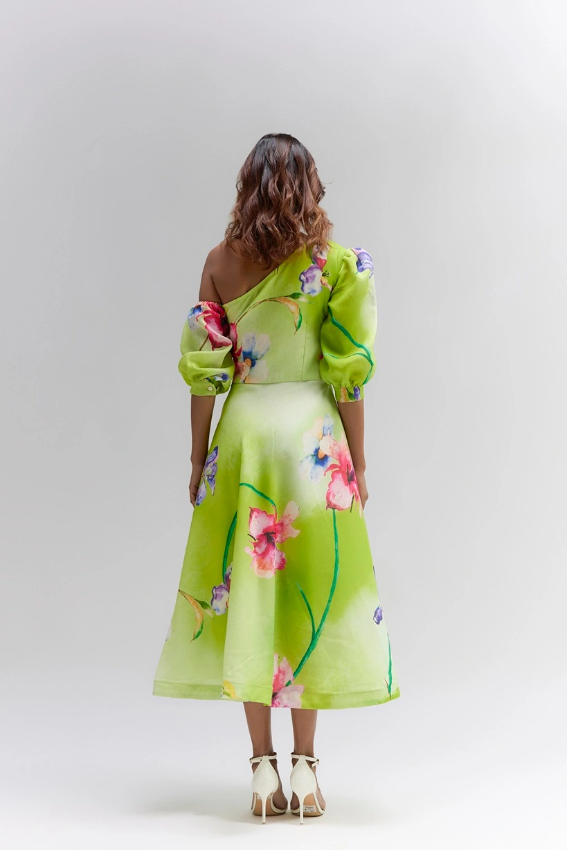 Lime green floral printed cotton linen Midi one shoulder dress - Image 2