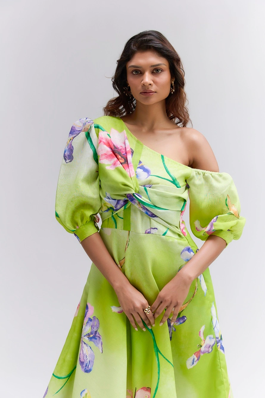 Lime green floral printed cotton linen Midi one shoulder dress - Image 3