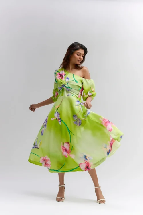 Lime green floral printed cotton linen Midi one shoulder dress