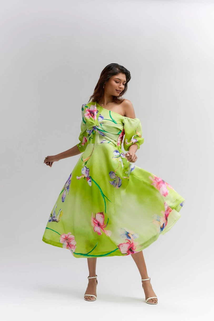 Lime green floral printed cotton linen Midi one shoulder dress