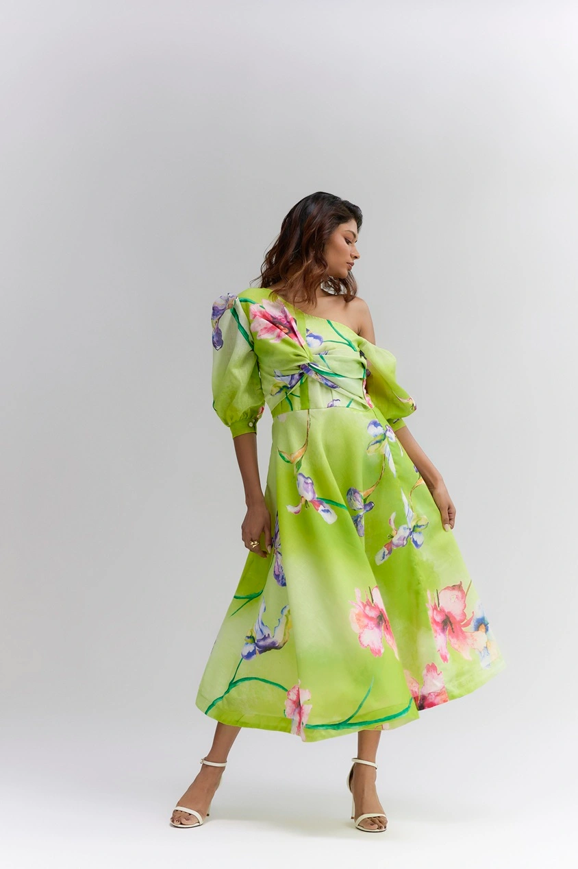 Lime green floral printed cotton linen Midi one shoulder dress - Image 4