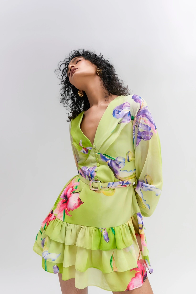 Lime green Flowy georgette tiered ruffled Mini dress