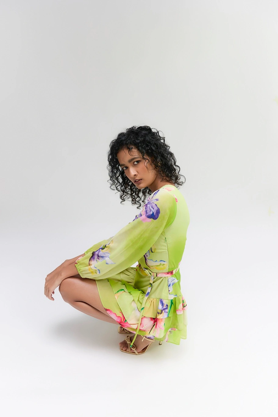 Lime green Flowy georgette tiered ruffled Mini dress - Image 2