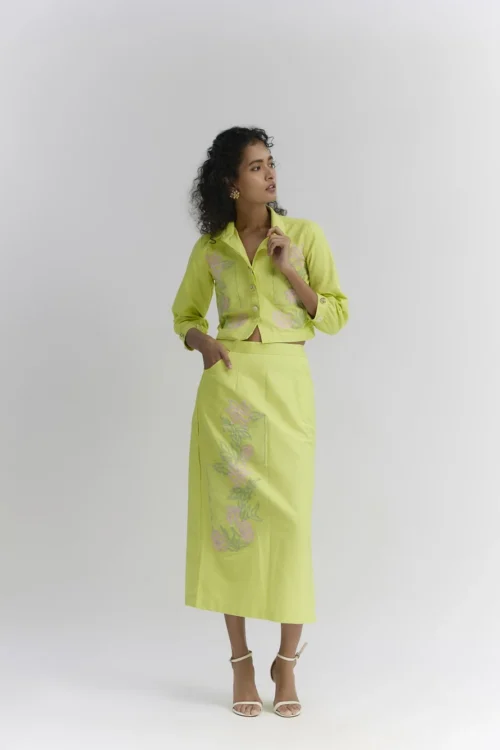 Lime green stretch denim floral patch embroidered Pencil Midi Skirt set