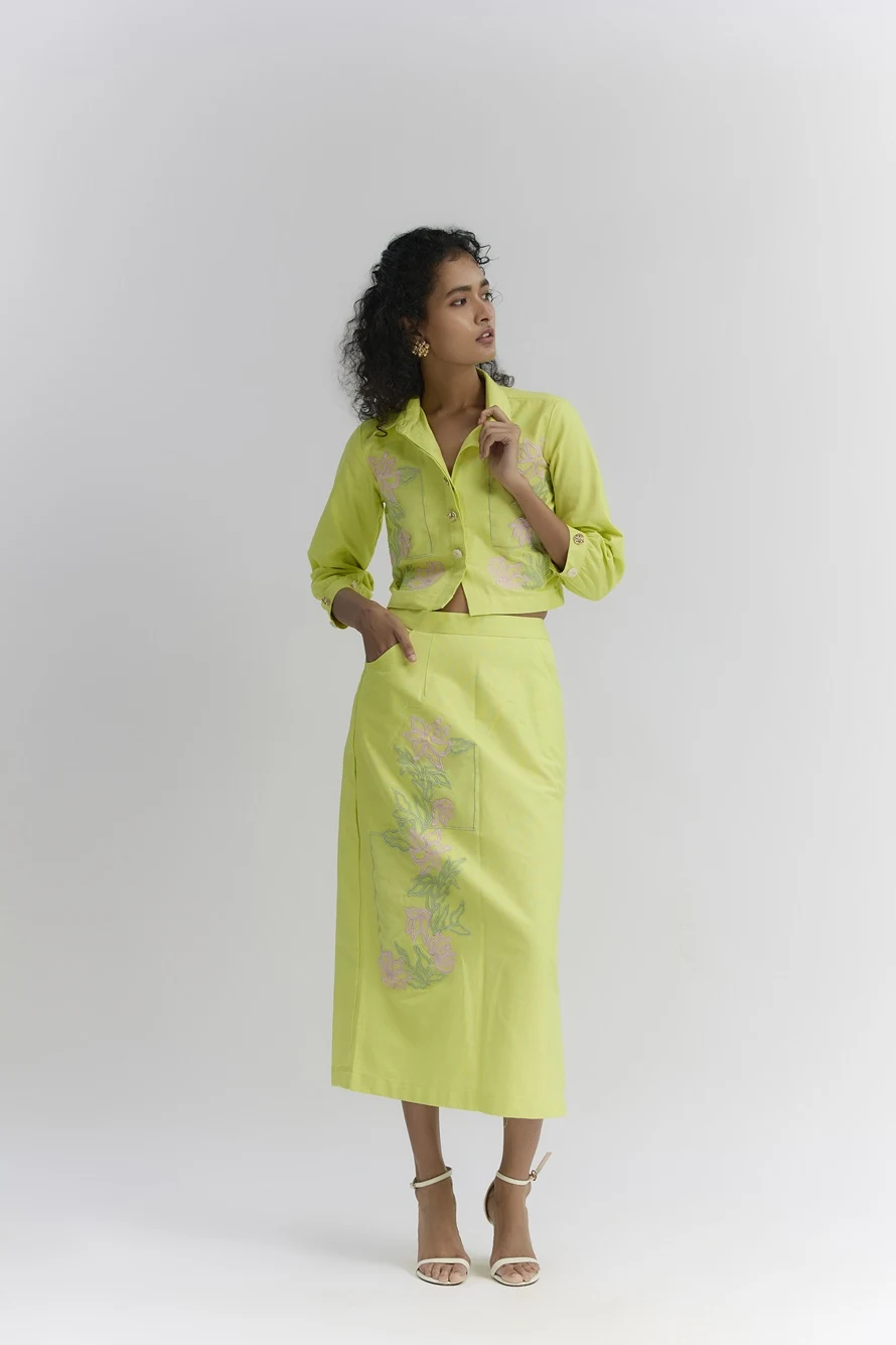 Lime green stretch denim floral patch embroidered Pencil Midi Skirt set