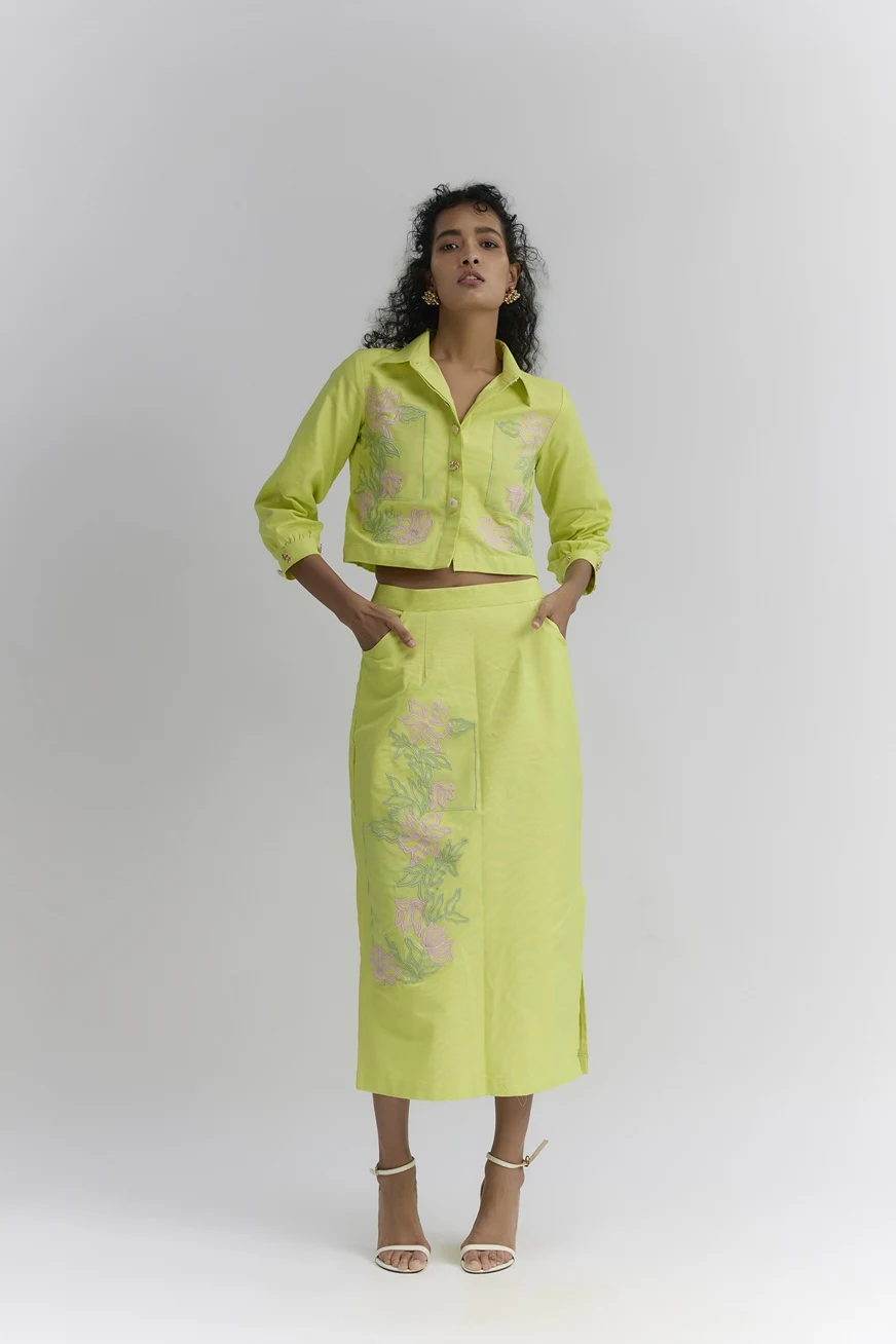 Lime green stretch denim floral patch embroidered Pencil Midi Skirt set - Image 2