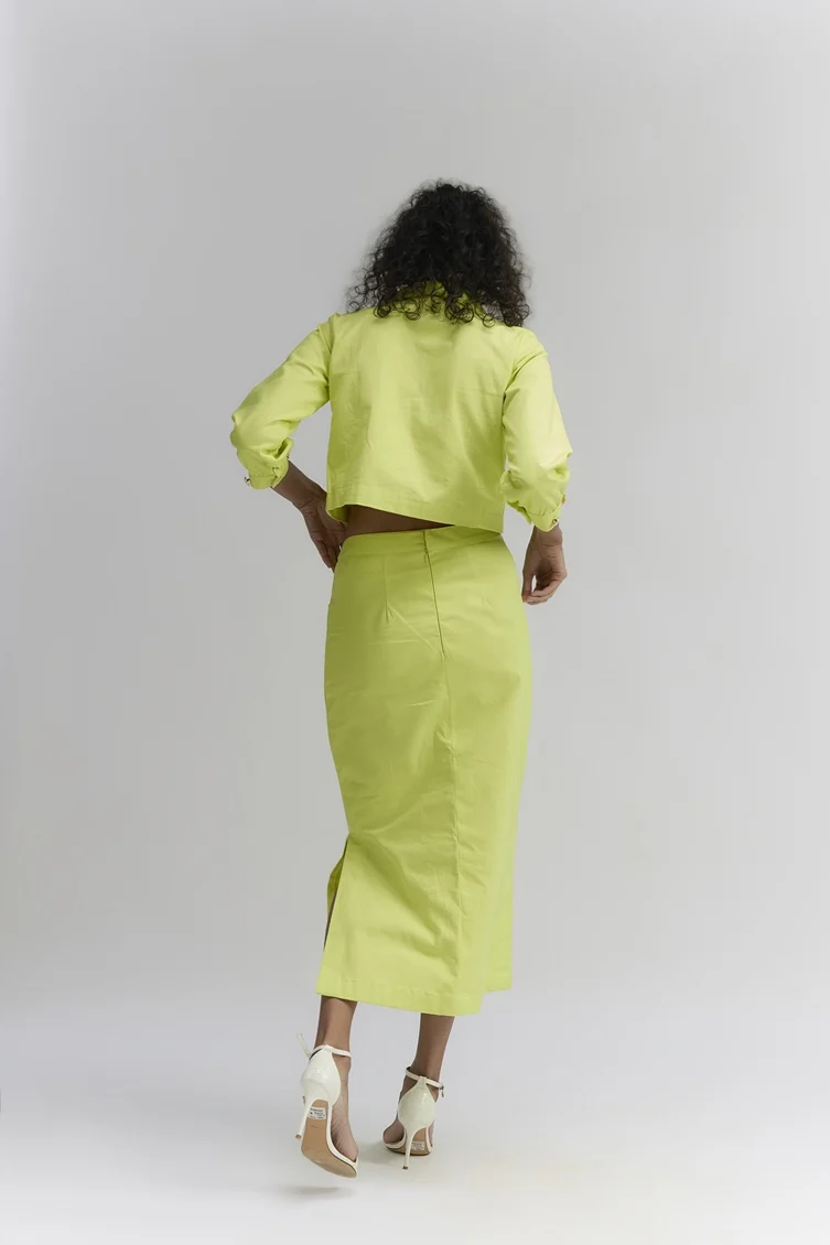 Lime green stretch denim floral patch embroidered Pencil Midi Skirt set - Image 3