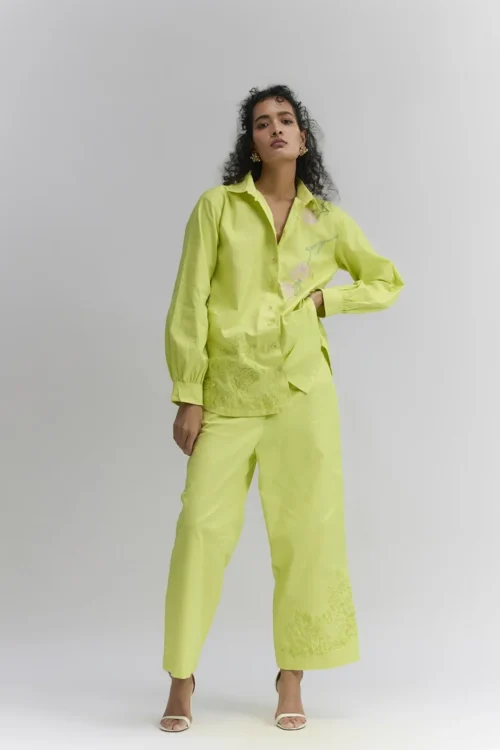 Lime green Stretch Denim Floral Patch embroidered Co-ord set
