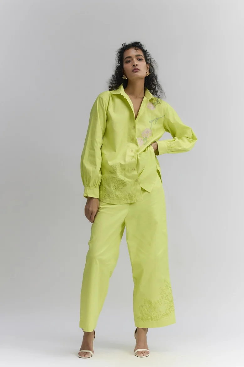Lime green Stretch Denim Floral Patch embroidered Co-ord set