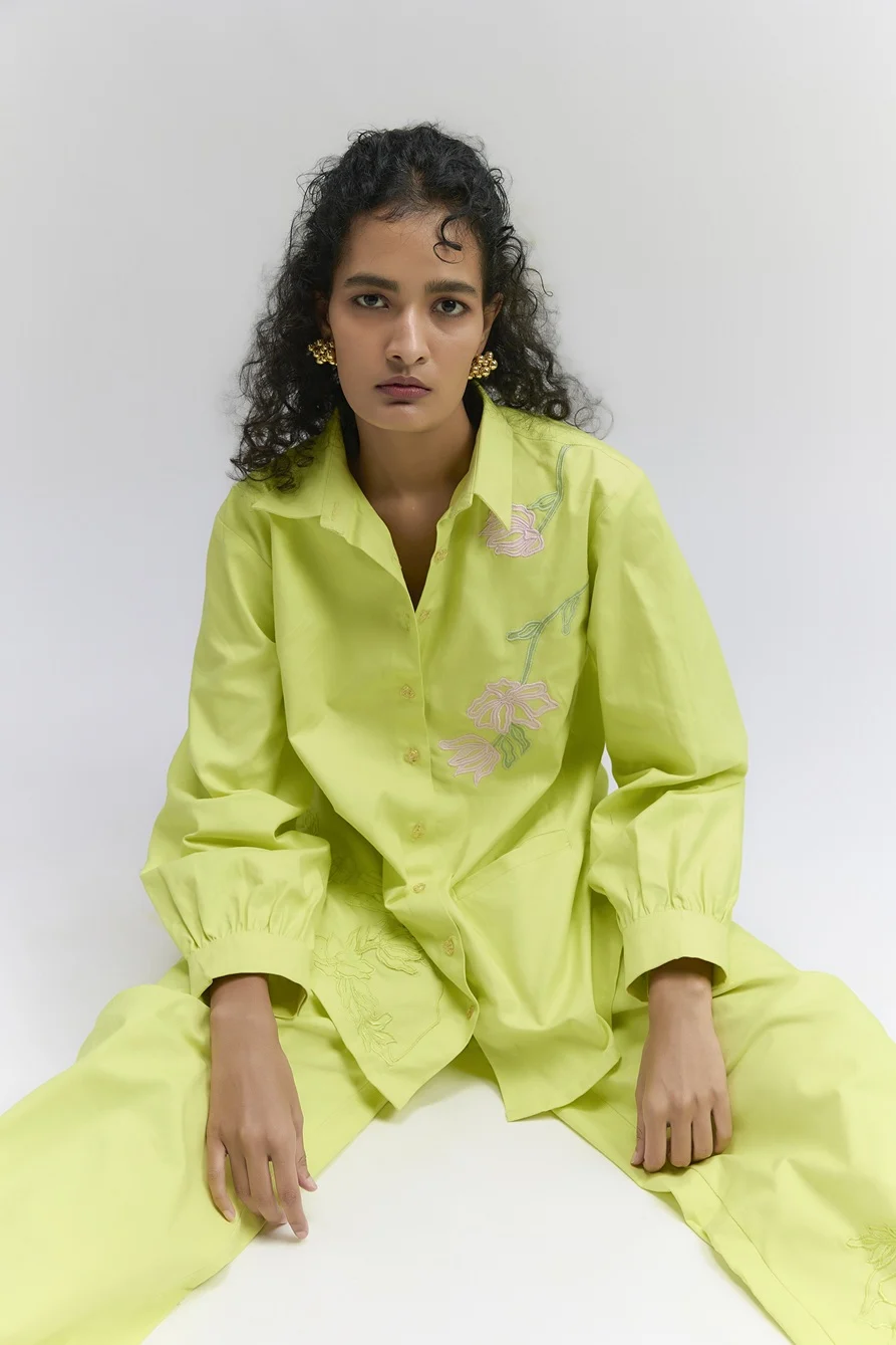 Lime green Stretch Denim Floral Patch embroidered Co-ord set - Image 3