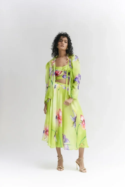 Lime green Silk floral printed 3 piece Skirt set