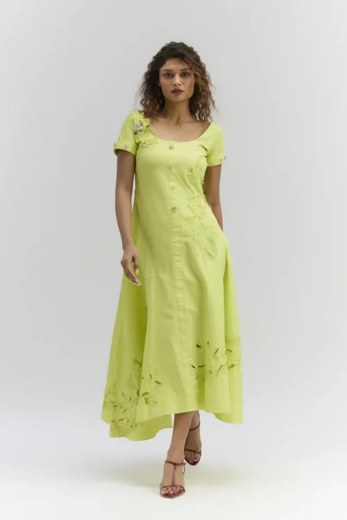 Lime green Stretch Denim Floral Patch Embroidered A-Line Midi Dress